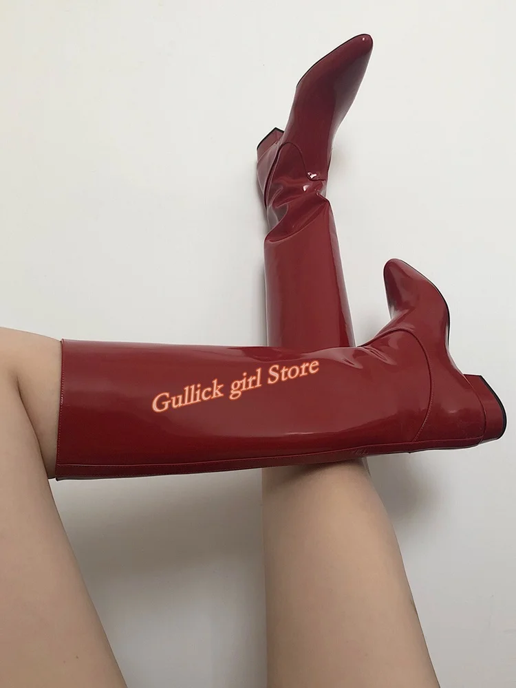 

Burgundy Patent Leather Knee High Boots Flat With Slip On Fashion 2024 Autumn Winter Women Dress Shoes Solid Hot Sale