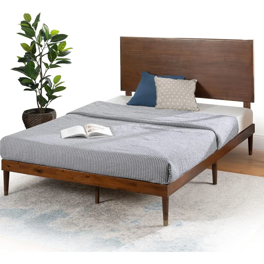 Wood Platform Bed Frame with Adjustable Headboard, Solid Foundation, Slat Support, No Box Spring Needed, Easy