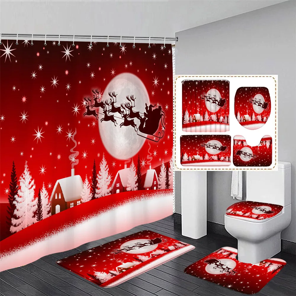 Funny Snowman Christmas Shower Curtain Set Fir Branch Snowflake Buffalo Plaid New Year Xmas Bathroom Decor Bath Mat Toilet Cover