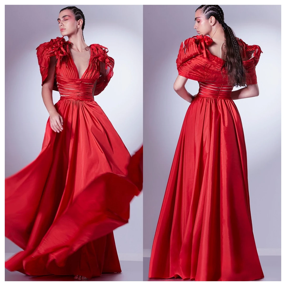

Customized High Quality Red Satin Evening Dress V-Neck Short Sleeves Bespoke Occasion Gowns Vestido De Festa Fashion Sexy