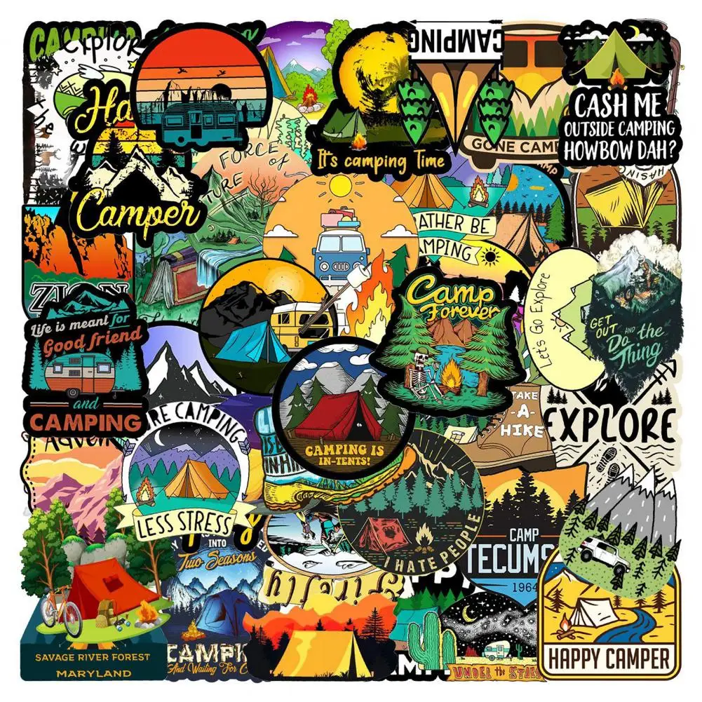 Happy Camping-pegatinas para botellas de agua y cuaderno, pegatinas de papelería con estampado transparente, extraíbles, para álbum de recortes, 50 piezas
