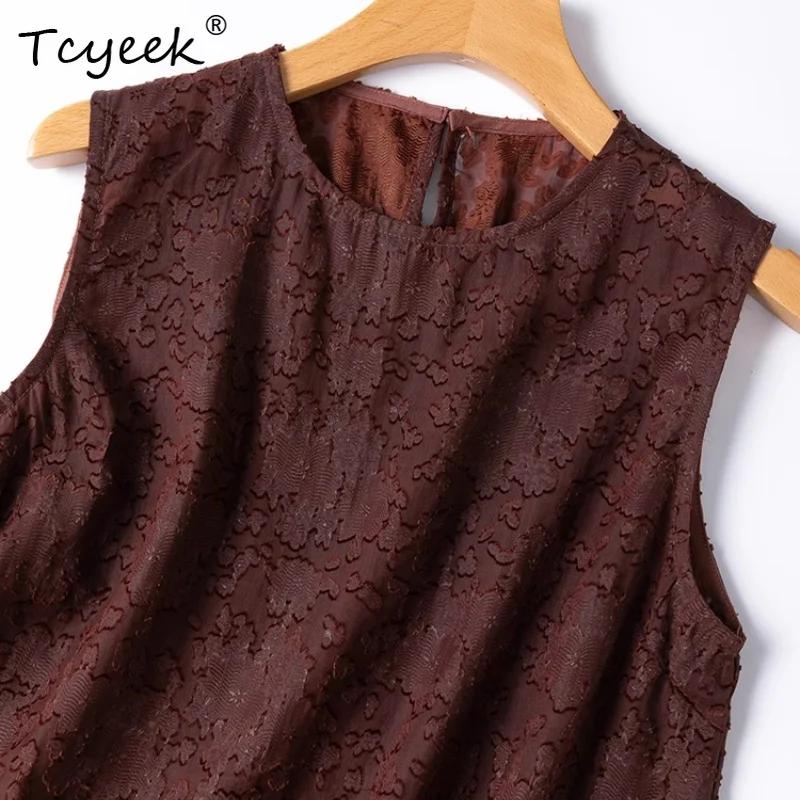 

Tcyeek Women's 100% Mulberry Silk Vest,Sleeveless Gambiered Canton Gauze O-neck Solid Brown Vest 2025 New Style T55707JF