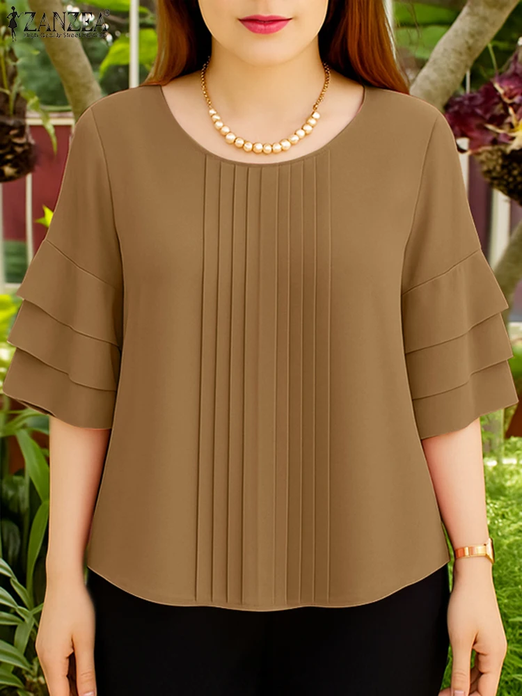 ZANZEA, blusas informales para mujer, otoño 2025, cuello redondo, volantes en capas, mangas 3/4, blusa de Color sólido, ropa diaria para mujer 3XL
