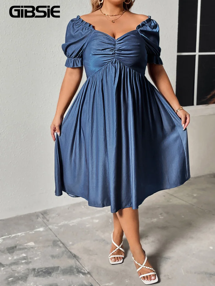 GIBSIE Plus Size Sweetheart Neck Shirring Backless Puff Sleeve Midi Dress Women 2024 Summer Vintage Elegant Party A-Line Dresses