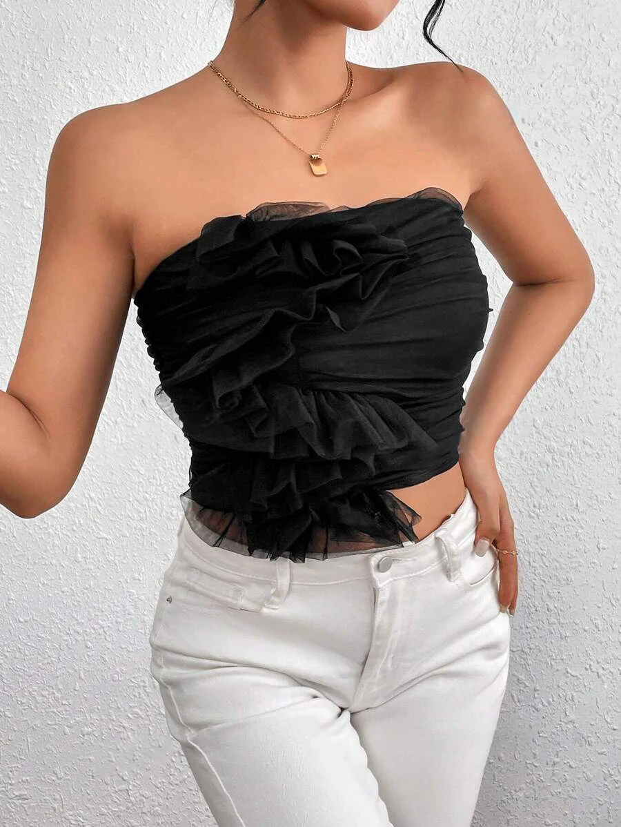 Top sin tirantes plisado de malla sexy elegante estilo veraniego para mujer