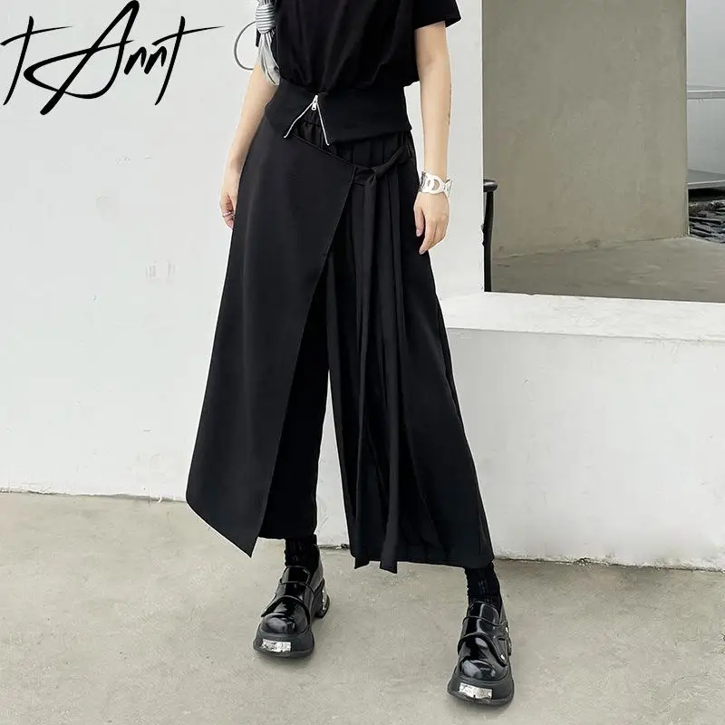 

Tannt Women Pant Asymmetry Patchwork Fake Two Wide Leg Pants Irregular Bandages Black Casual Ankle-Length Pants 2024 New