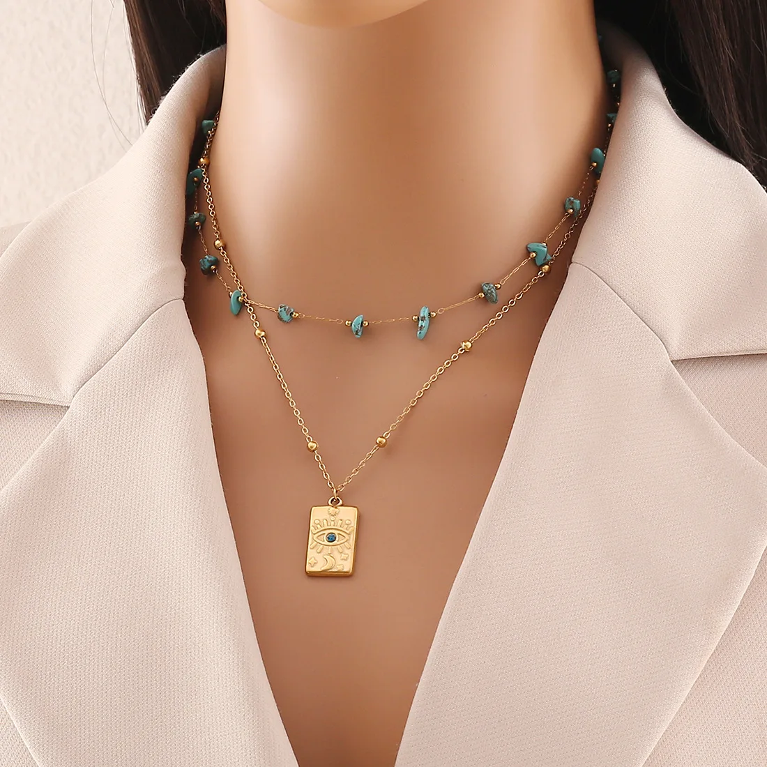 

Natural Turquoise Necklace Eyes Stainless Steel Double Layer Chain Women's Gift