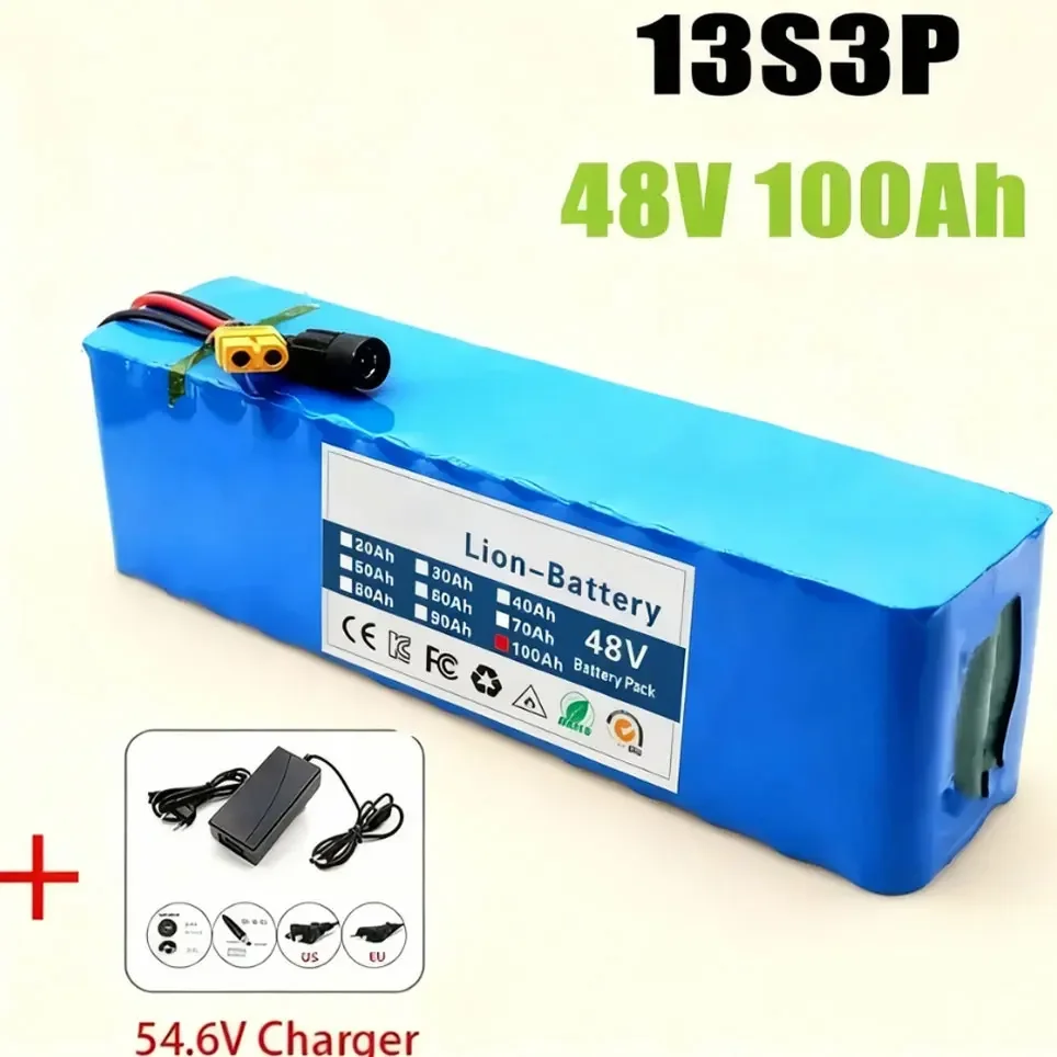 Nuova batteria al litio 48V 100000mAh 2000W 13S3P, pacco batteria agli ioni di litio per kit BAFANG 54,6V 750W 2000W, con BMS integrato da 20A e caricabatterie.