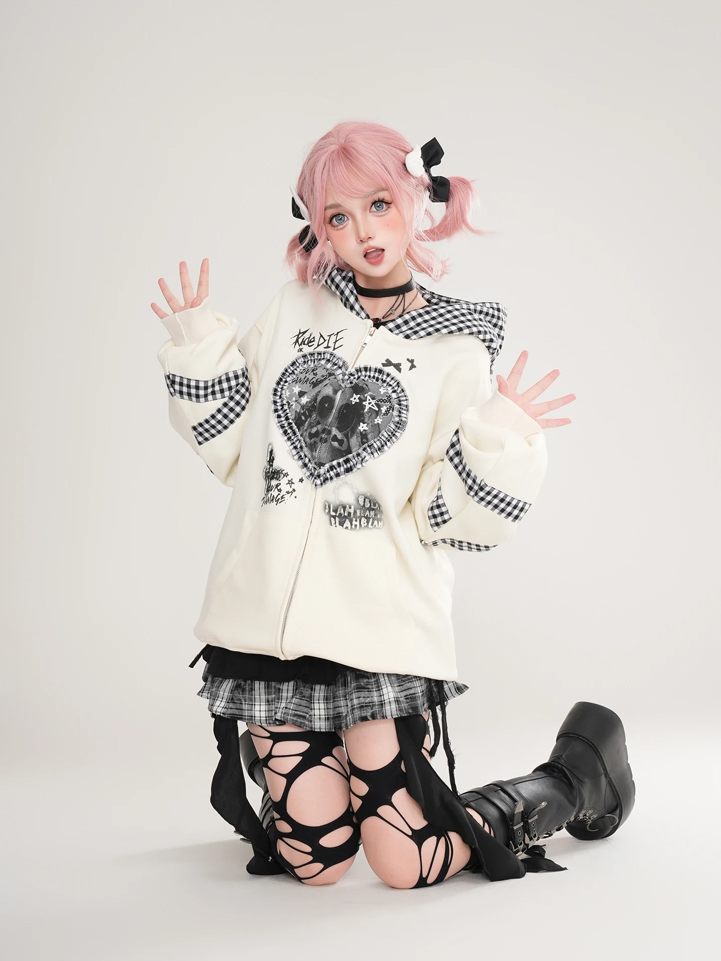 Japanese Subculture Sweet Cool Lace Plaid Rabbit Ear Hooded Graffiti Print Loose Versatile Casual Sweatshirt Jacket Women Autumn