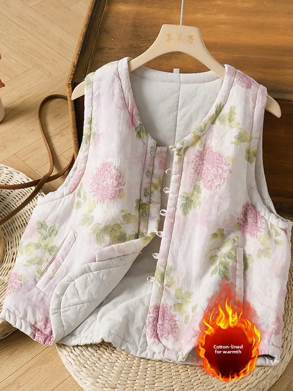 Thiened Retro Künstlerisch Bedruckte Baumwollweste Große Größe Damen Wärme Svel Jaet mit schrägem Kette Freizeitkleidung