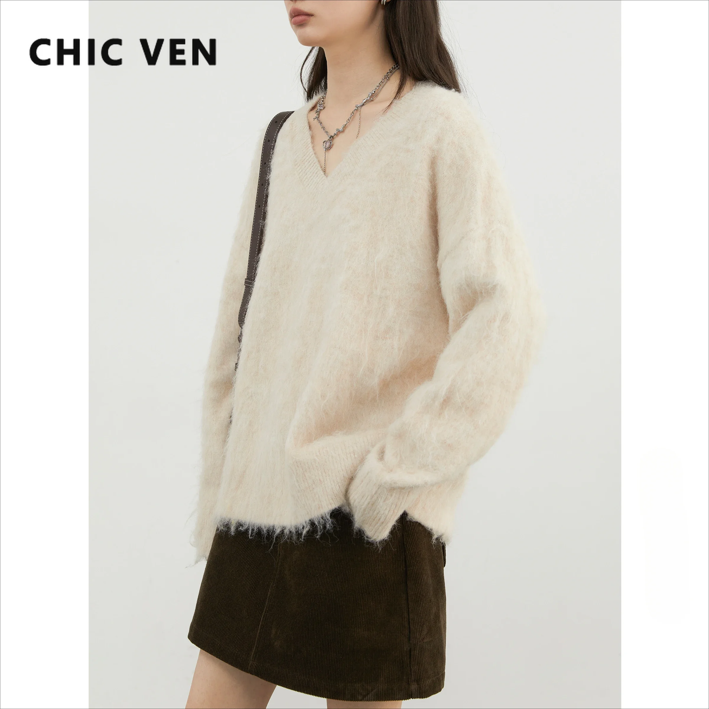 CHIC VEN Women Sweaters Solid Loose Casual New Lazy V-neck Female Pullover Knitted Top Autumn Winter 2024