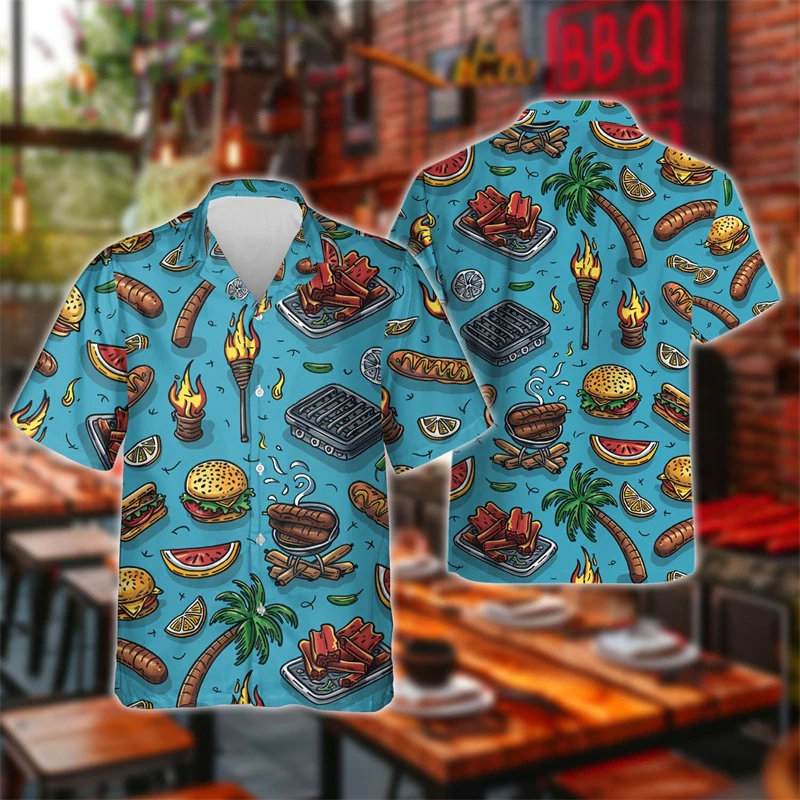 Grill Party Short Sleeve Shirts For Men Clothes Cute Pig Short Sleeve Blouses Fashion BBQ Lapel Blouse Barbecue Male Button Tops