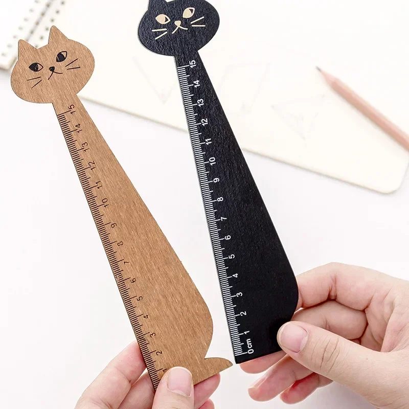 Regla recta de madera para dibujo de gato, herramientas Kawaii de papelería, regalo de dibujos animados, suministros escolares de oficina, 15CM, 1 piezas