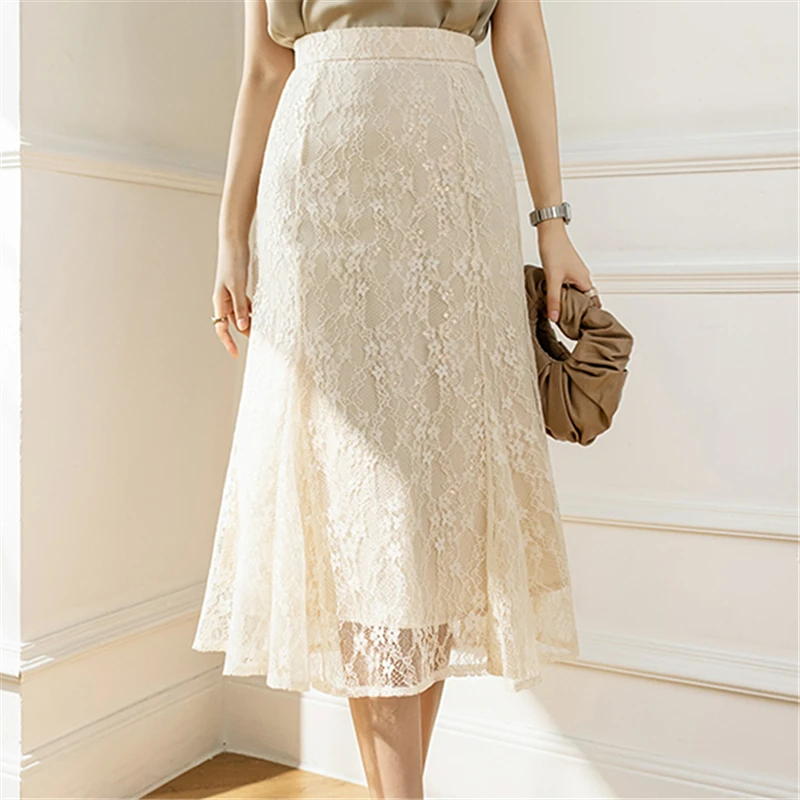 Seoulish Vintage Women's Lace Skirts 2024 New Spring Summer High Waist Solid Color Mid Length Casual Office Lady Skirts Female