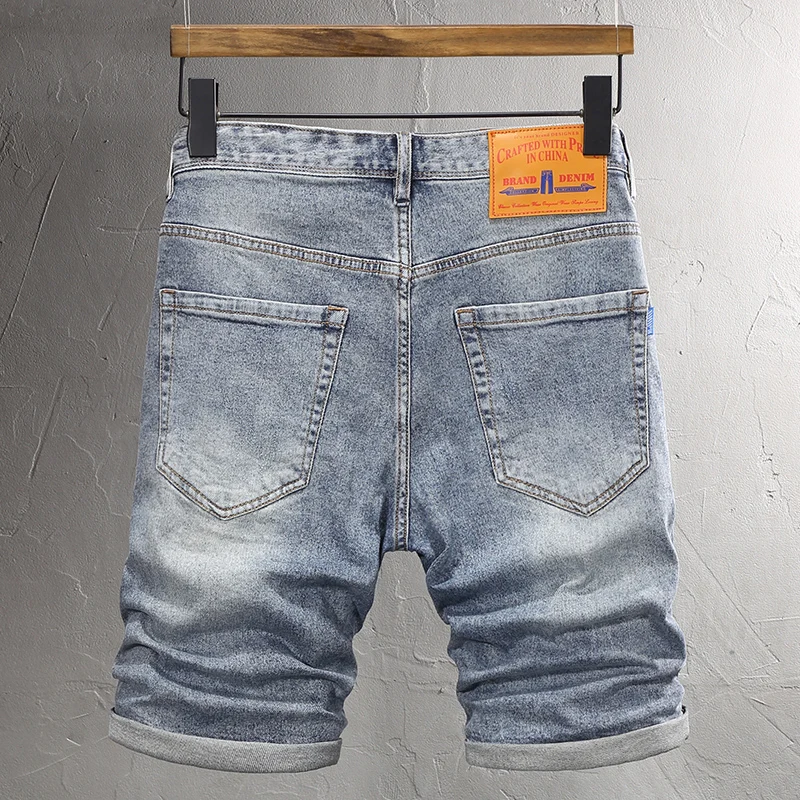 Summer Trendy Fashion Men Jeans Retro Washed Blue Elastic Ripped Short Jeans Homme Vintage Designer Casual Denim Shorts Men