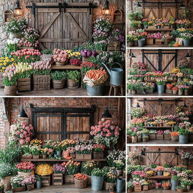 

LS Wooden Barn Door Spring Backdrops Kids Baby Photography Child Adult Photocall Pink House Carrots Bunny Eggs Backgrounds