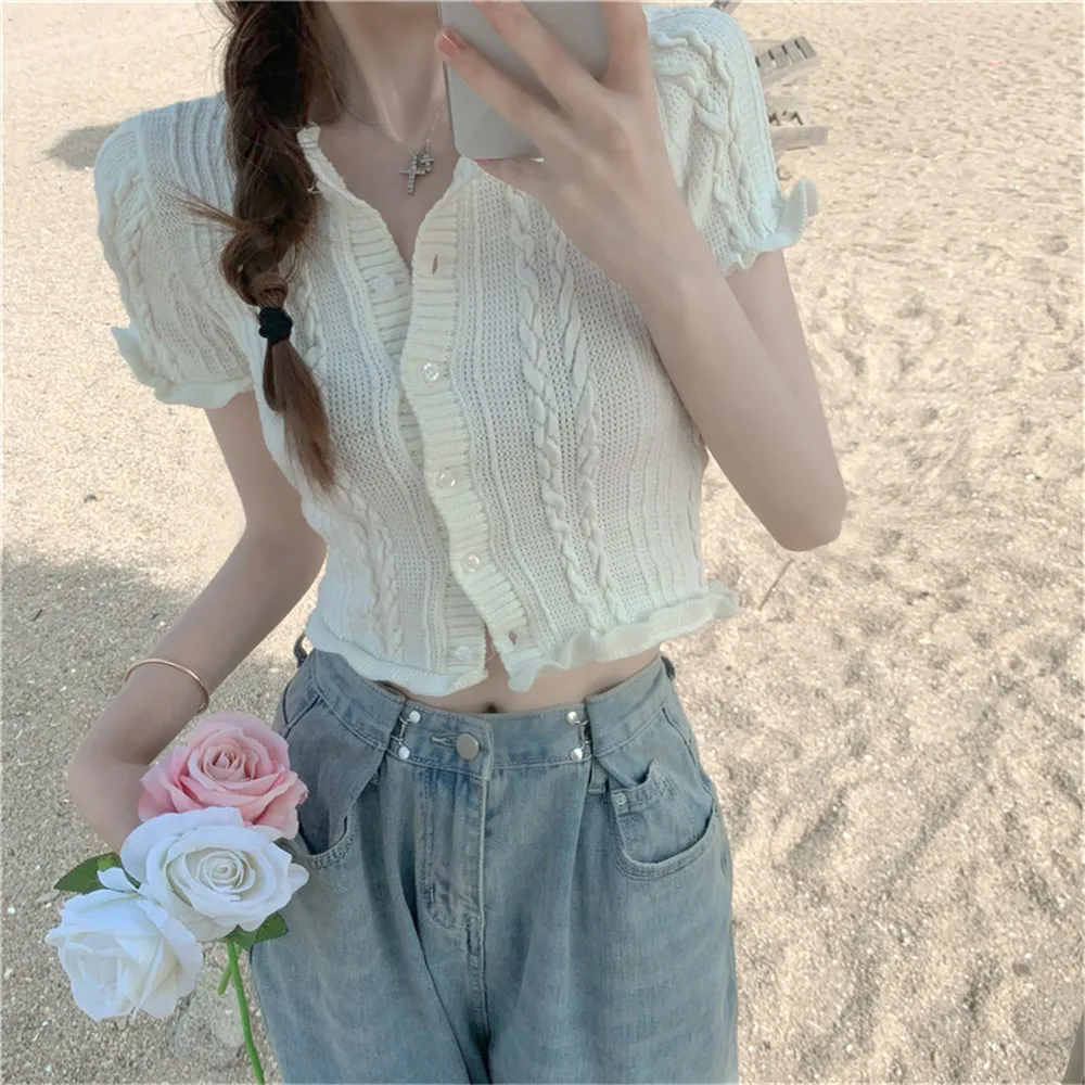 Korean Style Fashion White Cardigan Women Summer Ruffles Striped O-neck Sweet All-match Casual Students Stylish Cropped Tops