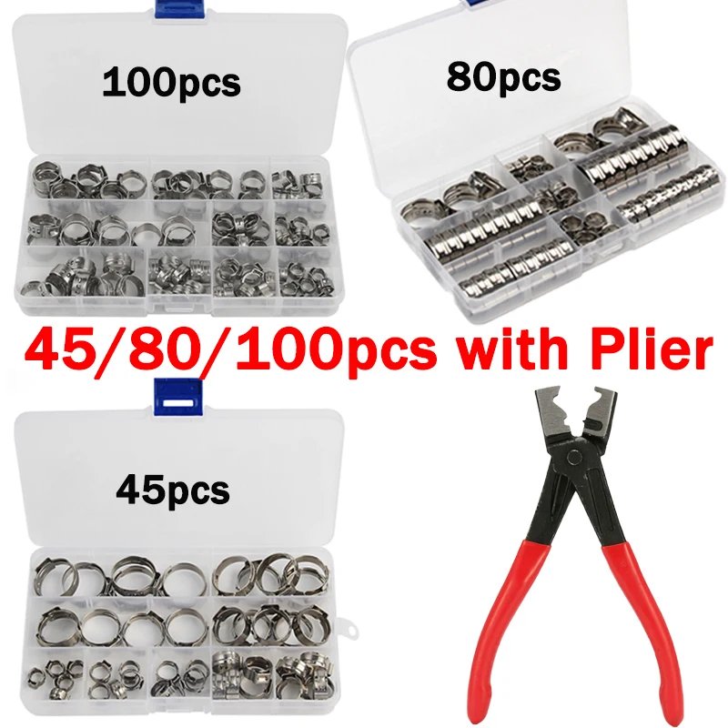 

45/80/100pcs Stainless Steel Single Stepless Ear Hoop Combination with Vise Clamp Rings Crimp Pinch Pliers Wood Working Clamps