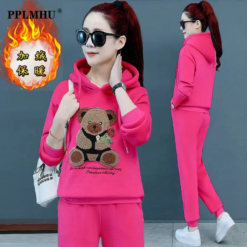 Urso coreano bordado veludo agasalho 2 peça conjunto roupas femininas outono inverno grosso casual solto veludo moletom com capuz + sweatpant terno