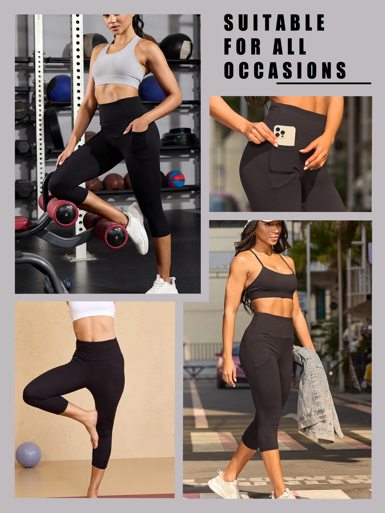 ハイウエストカプリパンツ レディース ポケット付き お腹シェイプ 透けにくい ワークアウト ランニング ヨガ アスレチック プッシュアップ ジム レギンス