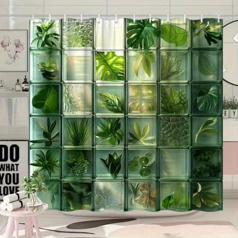 1pc Green Plant Glass-Block Shower Curtain – Fresh Natural Style, Polyester, Washable