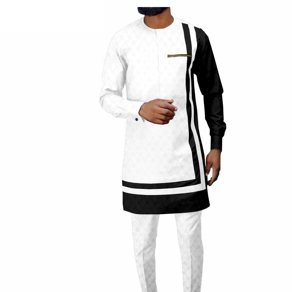 

Fashion African Wedding Men's Dashiki Shirt Pants Suit African Clothes Long Sleeve Top with Trouser Set 2PC Outfit
