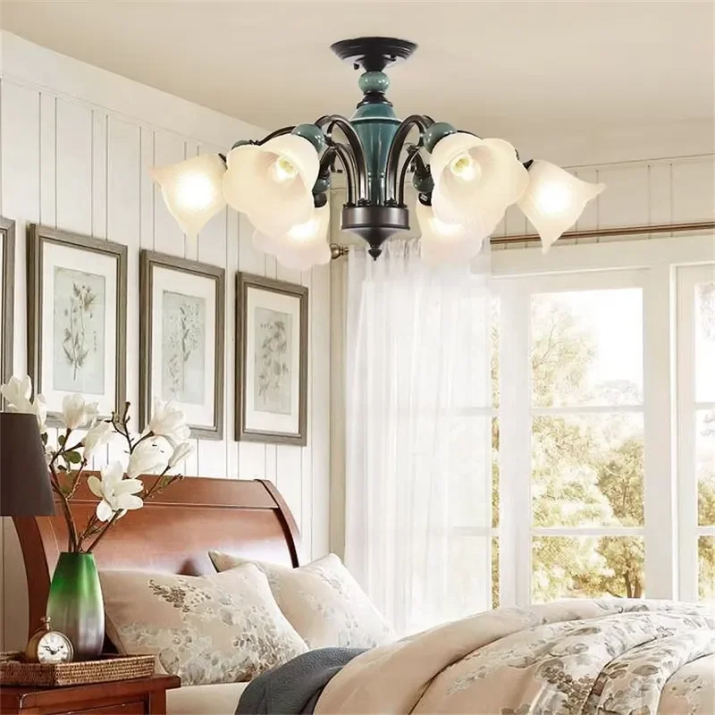 Vintage American Country 6 Light Iron Chandelier with Ceramic Base and Floral Glass Shades for Living Room Villa Hotel