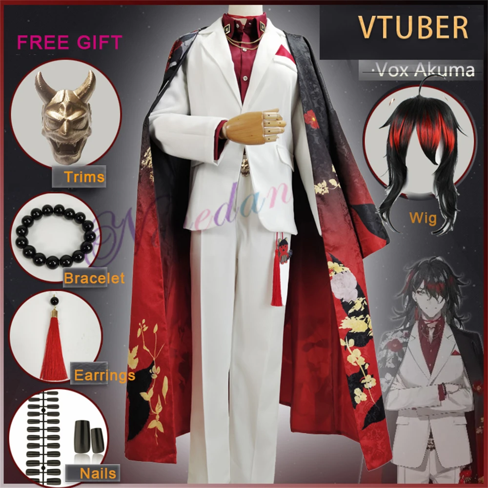 VTuber Vox Akuma Cosplay Costume Wig Anime NIJISANJI Luxiem Cosplay Kimono Women Party Fancy Suit Shoes Halloween Costume Men