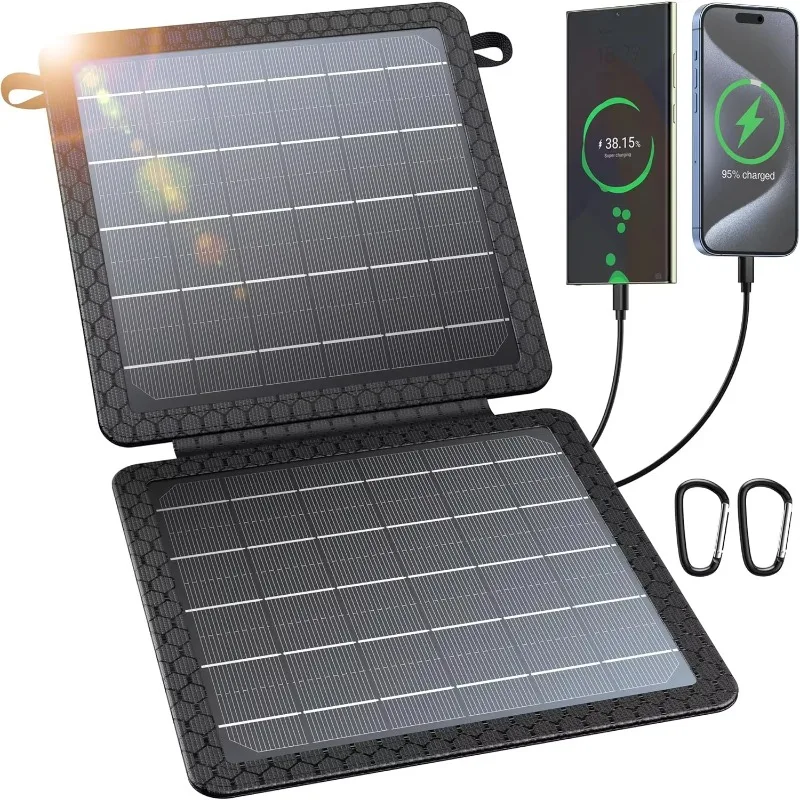 Cargador Solar Portátil de Silicio Monocristalino de Alta Eficiencia de 10 W (5 V/2 A Máx.), Panel Solar Plegable Pequeño con Salidas USB-A/USB-C
