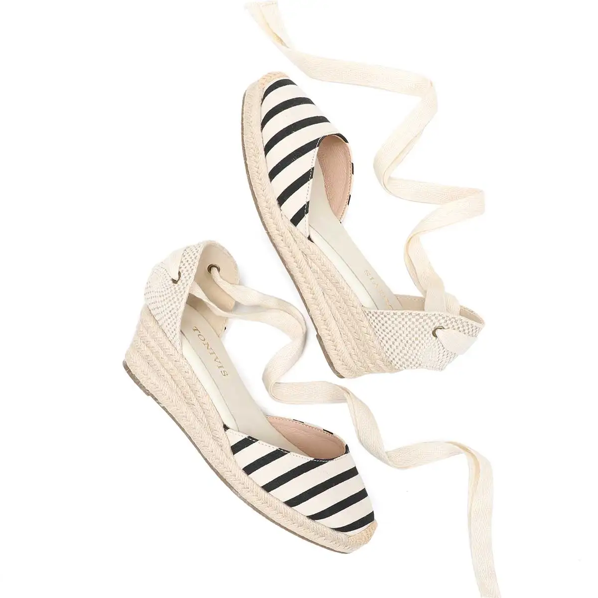 2022 Women\'s Wedge Low Heel Sandals Promotion Striped 0-3cm Casual Canvas Covered Sapato Feminino Sandalias Mujer