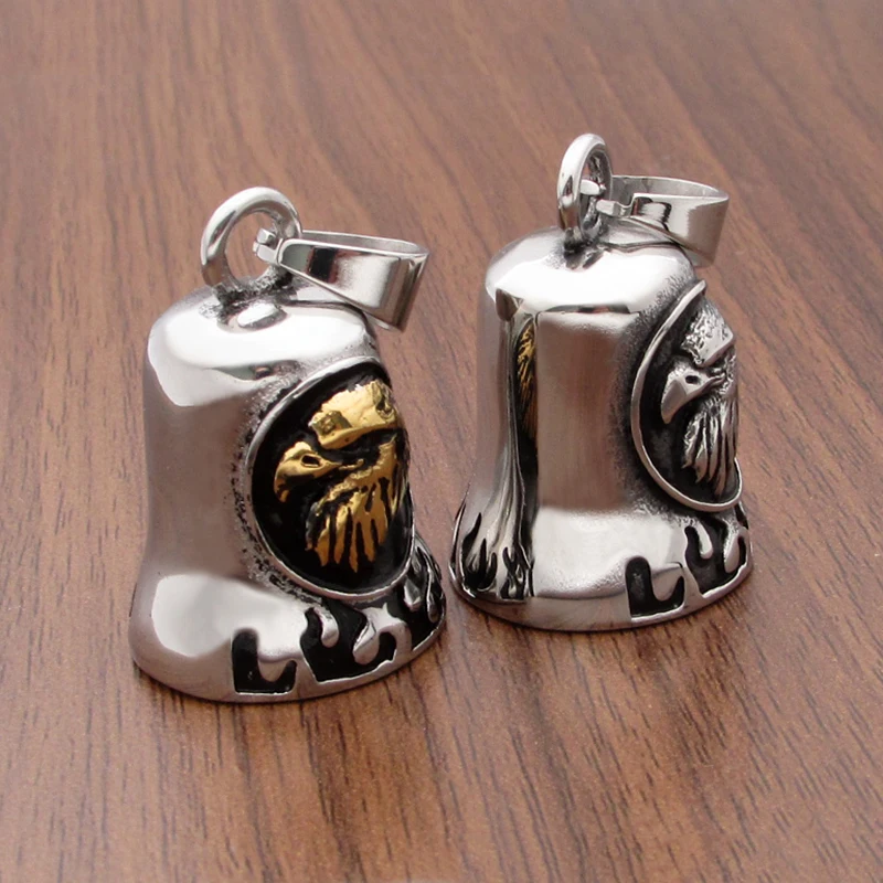 Free Shipping Punk Stainless Steel Silver Color Black Plated Fire Eagle Biker Motorcycle Tinkle Gold Plated Bell Pendant Jewelry