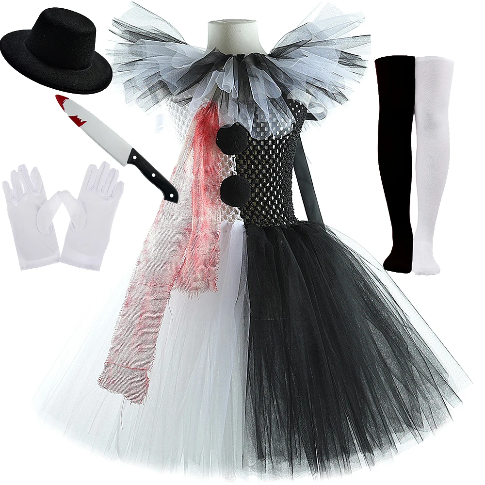 

White Black Killer Clown Tutu Dress for Girls Scary Halloween Costumes for Kids Carnival Party Horror Outfit Child Fancy Clothes