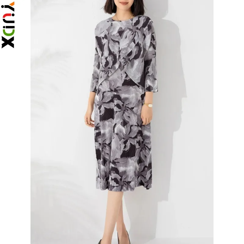 

YUDX Miyake Pleated Two Piece Sets Women Print Top + Dress Fashion Elegant Evening Party New 2024 Loose Medium Long Clothes