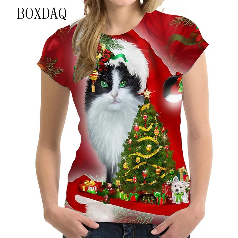 

Cat Funny Graphic Women Christmas T-shirts Short Sleeve 3D Print Christmas Decorations Street Hip Hop Ladies Tees Plus Size 6XL