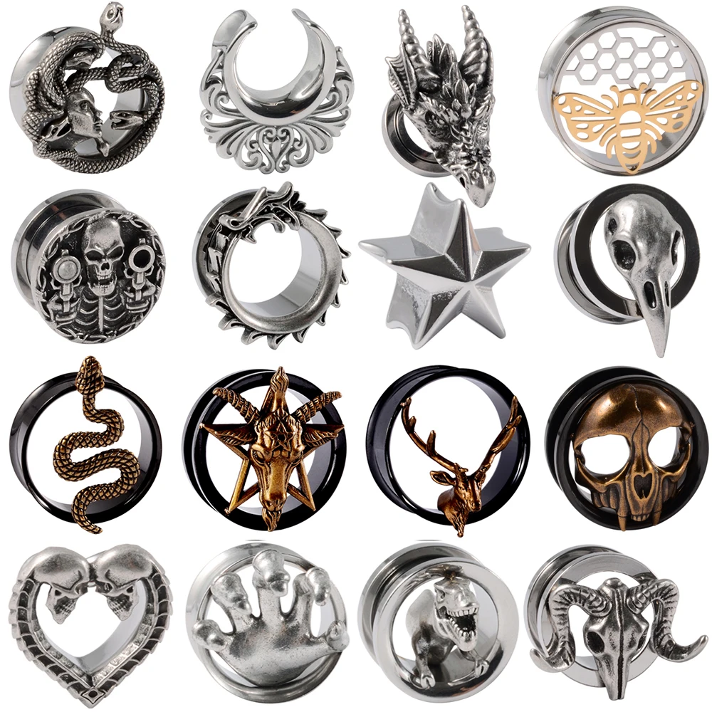 1Pc Stainless Steel Skull Snake Dragon Cross Ear Tunnel Plugs Expander Stretcher Gauges Piercing Hollow Expander Body Jewelry