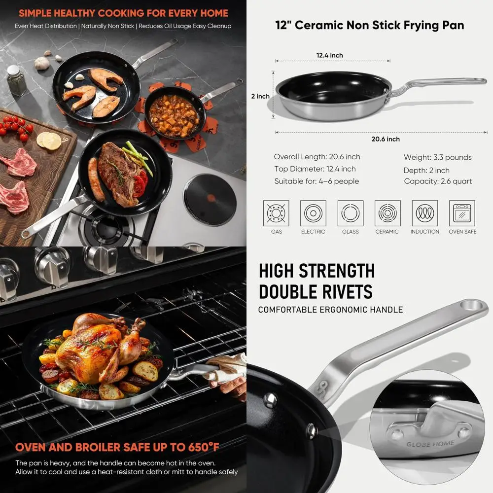 

12-Inch 5-Ply Ceramic Nonstick Skillet - Stainless Steel Clad, Safe & Healthy, Oven-Safe Cookware for All Stoves and Induction,
