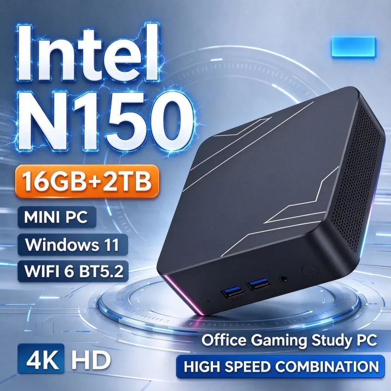 Small Form‑Factor Mini PC Intel N150 Windows 11 16GB RAM 1TB/2TB SSD WiFi6 BT5.2 High‑Speed PC for Home Office Daily Gaming Use