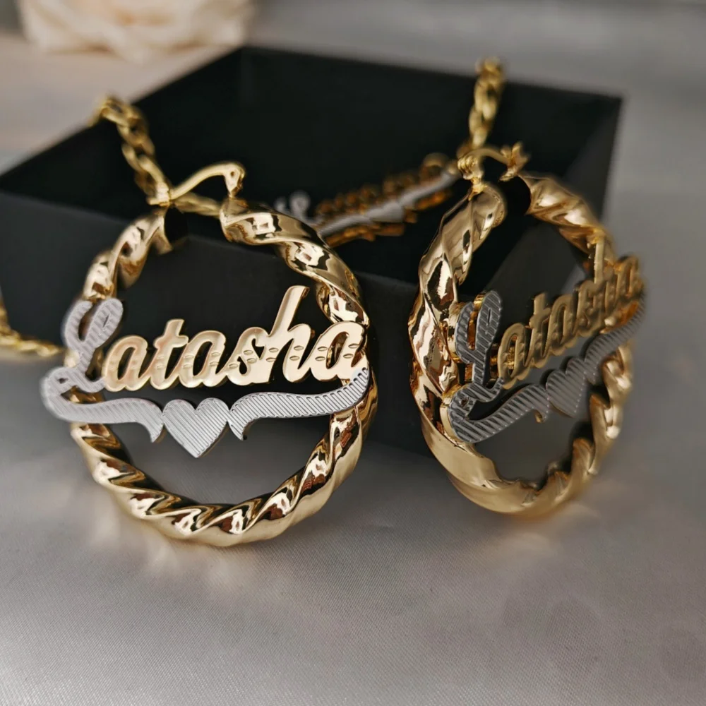 Imagem -05 - Leechee-conjunto de Jóias de para Ela Colar Custom Name Letter Brincos Twist Hoop Color Tone 50 mm Hiphop Aço Inoxidável