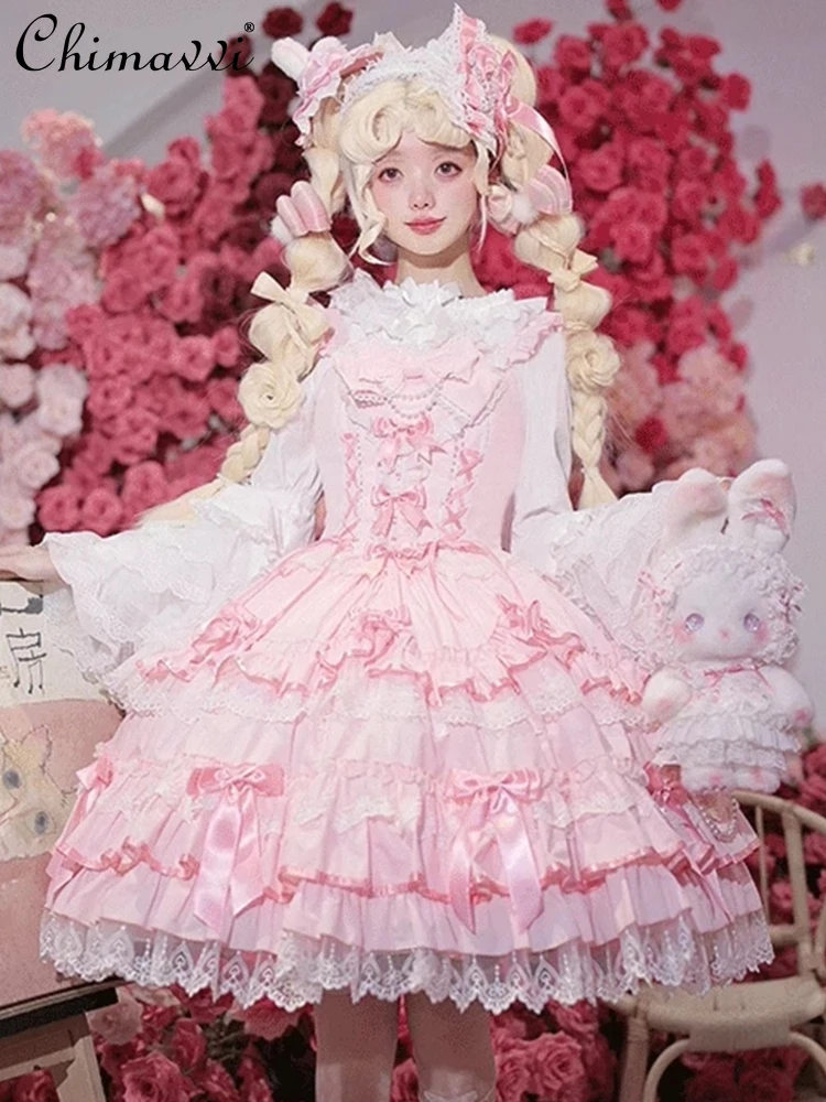 

Original Lolita Doll JSK Cute Lo Dress Spring and Summer New Sweet Flower Wedding Gorgeous Lace Splicing Princess Short Dresses