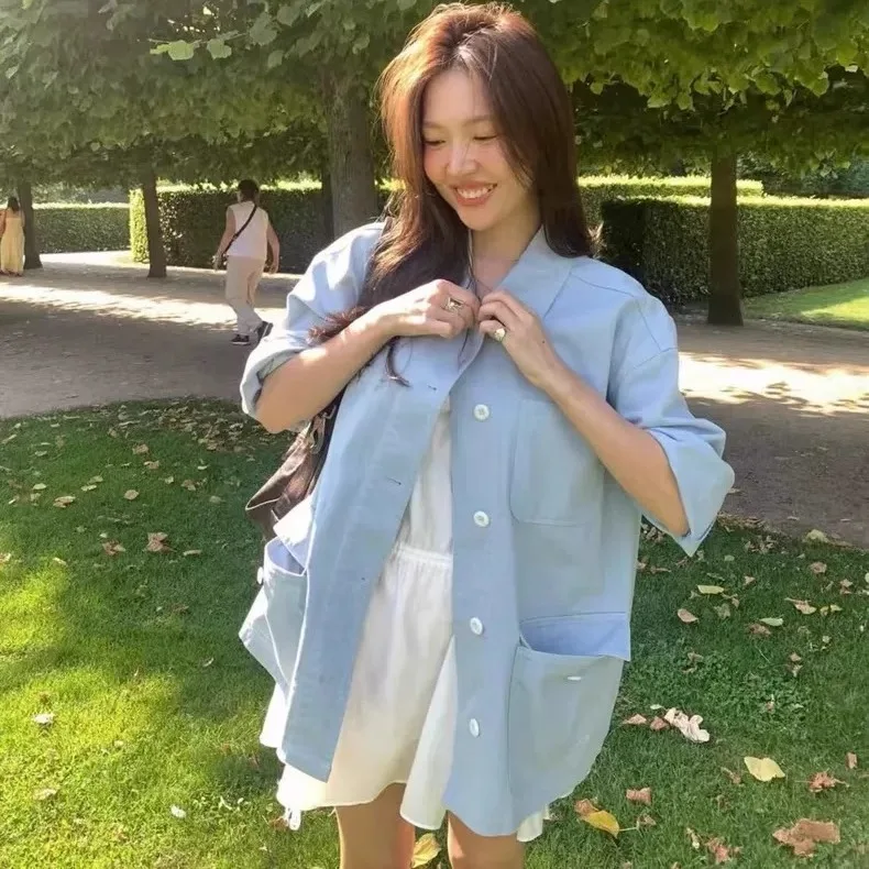 

Casual Loose Fit Tannat Pure Color Jaet with ket Stand Collar Workwear Sle Outerwear for Women Autumn Season