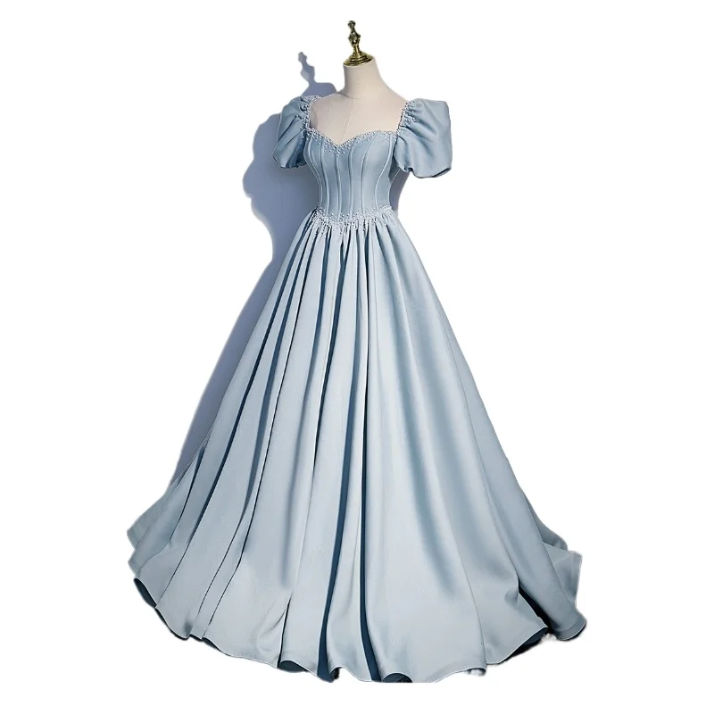 فستان سهرة نسائي جديد لعام 2025 بخصر على شكل حرف v من الساتان، زخرفة عصرية لخرز الأظافر، حزام خلفي للتخسيس، فستان متأرجح كبير