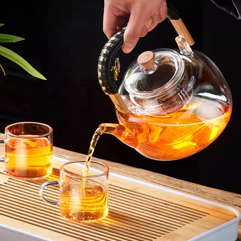 GIANXI Glass Tea Pot With Weave Handle Chinese Heat-resistant Glass Teapot Transparent Steaming Tea Glass Kettle Tea Set