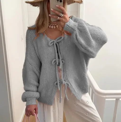 

2025 однотонный вязаный кардиган с круглым вырезом и завязками для женщин на осень и зиму, модная простая вязаная куртка с длинными рукавами