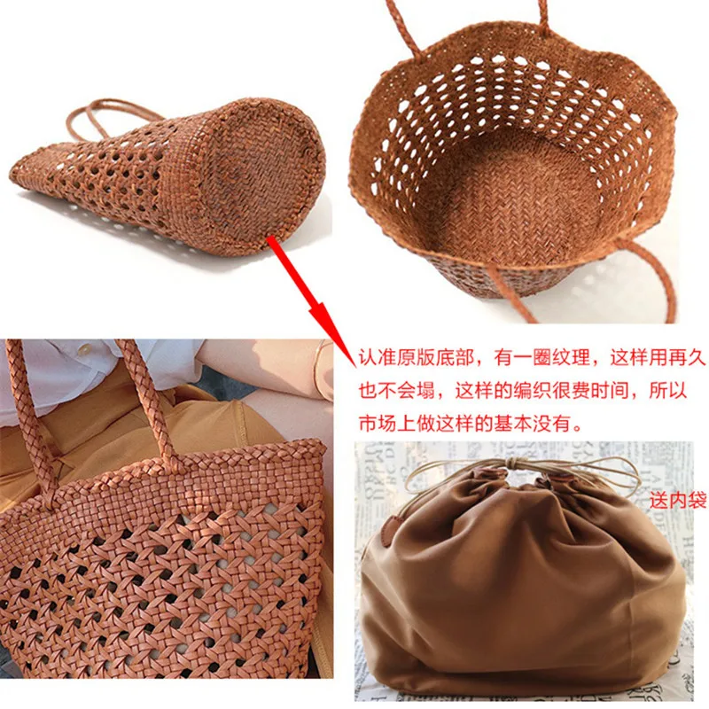 100% Genuine Leather Hollowed Hand Woven Shoulder Bag with Casual Woven Inside Bag Vintage Big Bag Shopping Bag Cowhide Tote Bag