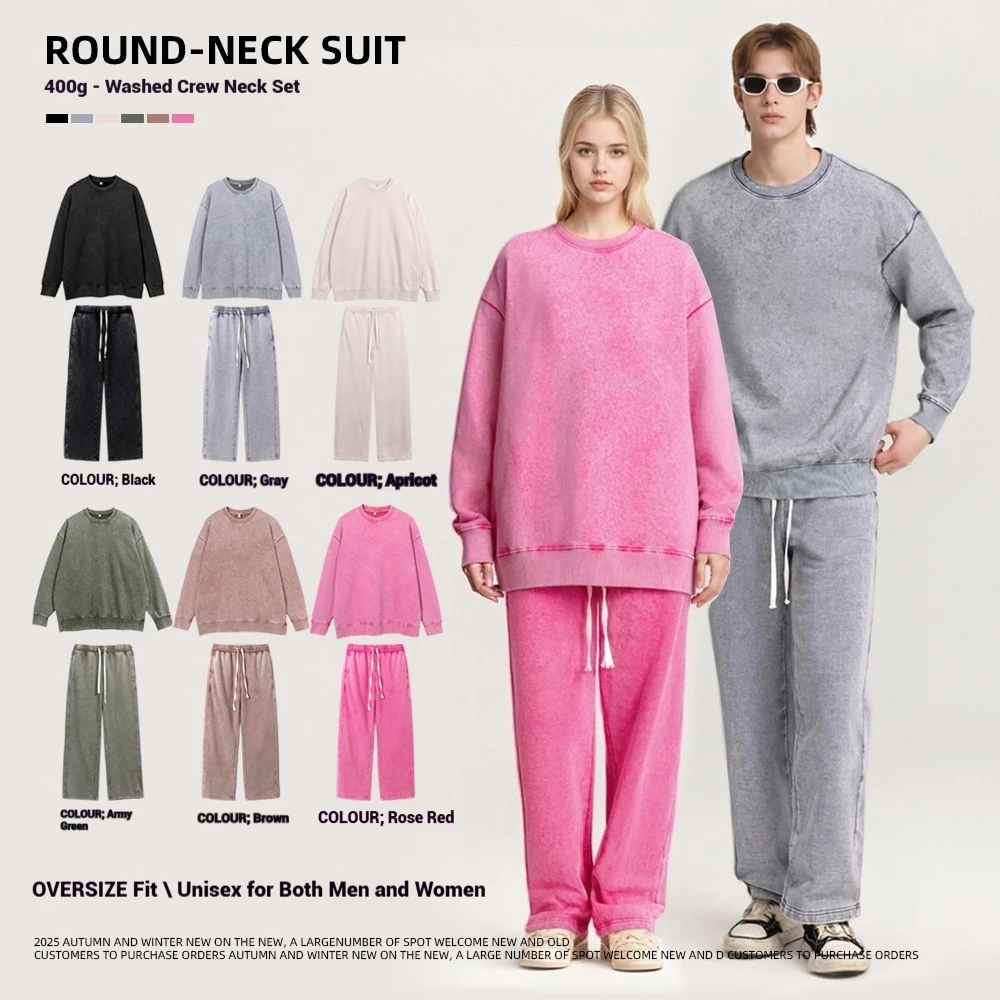 

2024 Winter Men's Snowflake Pattern Sportswear Pants Set Warm Retro Loose Round Neck Sportswear Casual Two Piece Set