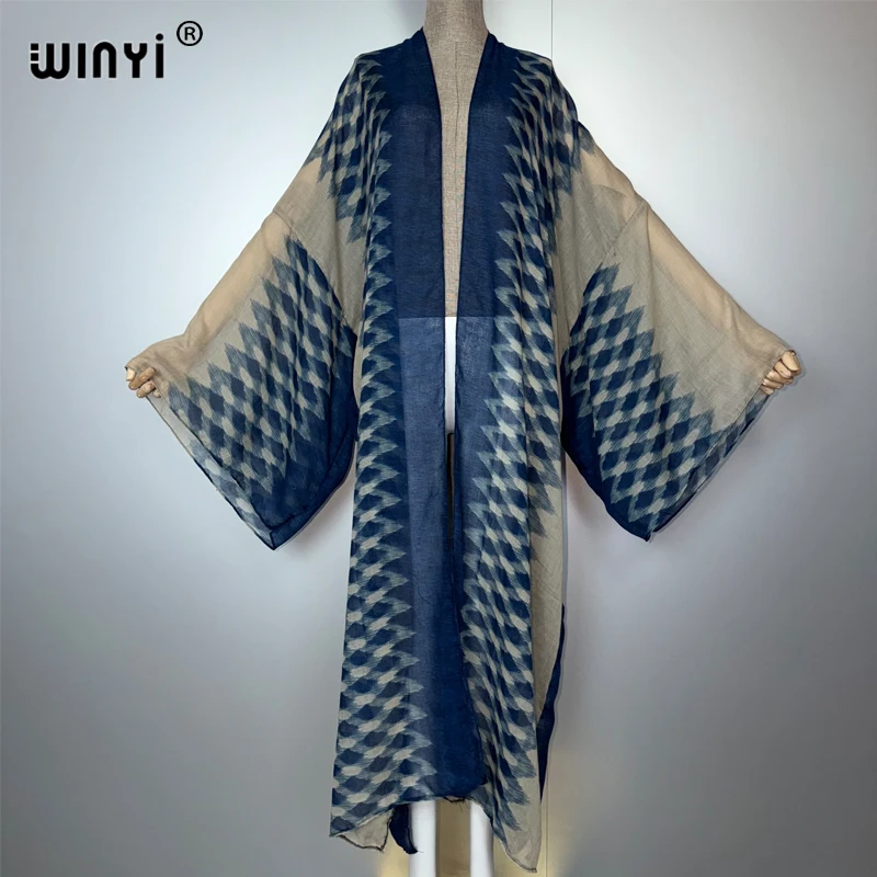 

WINYI кимоно в стиле бохо, кардиган с принтом, бикини, накидка, пляжная одежда для женщин, хлопковое платье, мусульманский кафтан, Абая, Дубай, роскошь
