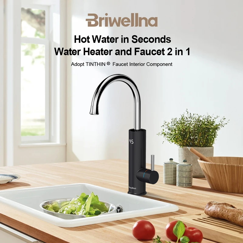 Briwellna Electric Water Heater Kitchen Faucet 2 in 1 Swivel Heating Tap Mixer Tankless Water Heater Flowing Electric Geyser