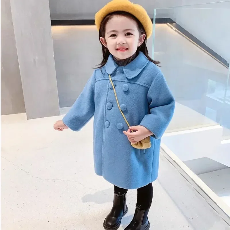 Children Medium Long Woolen Cotton Coat 2024 Winter Girl Baby Korean Thickened Warm Casual Jacket Turn Down Collar