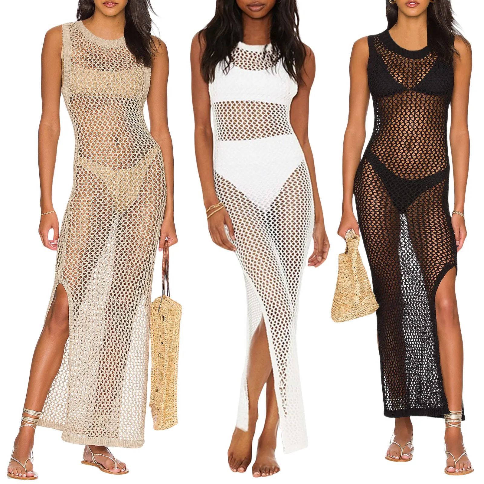 Yiiciovy Women Boho Bikini Cover-Up Dress Knitted Hollow See-through Swimsuit Cover-Up Sexy Backless Crochet Beach Dresses