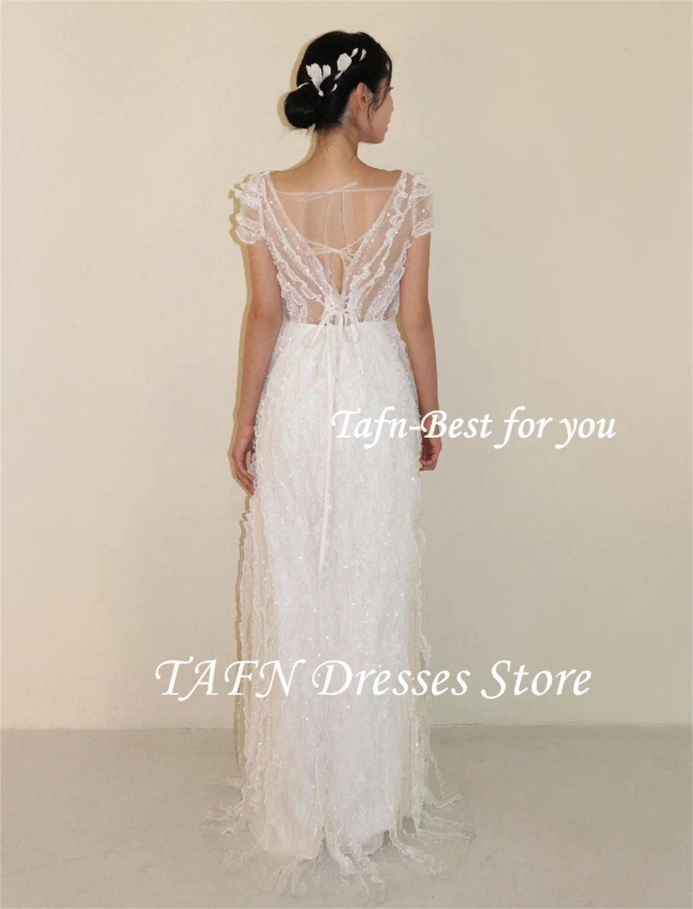 TAFN Korea Wedding Dresses Square Collar Short Sleeves A-line Luxury Lace Backless Bridal Gown Photo Shoot Dresses